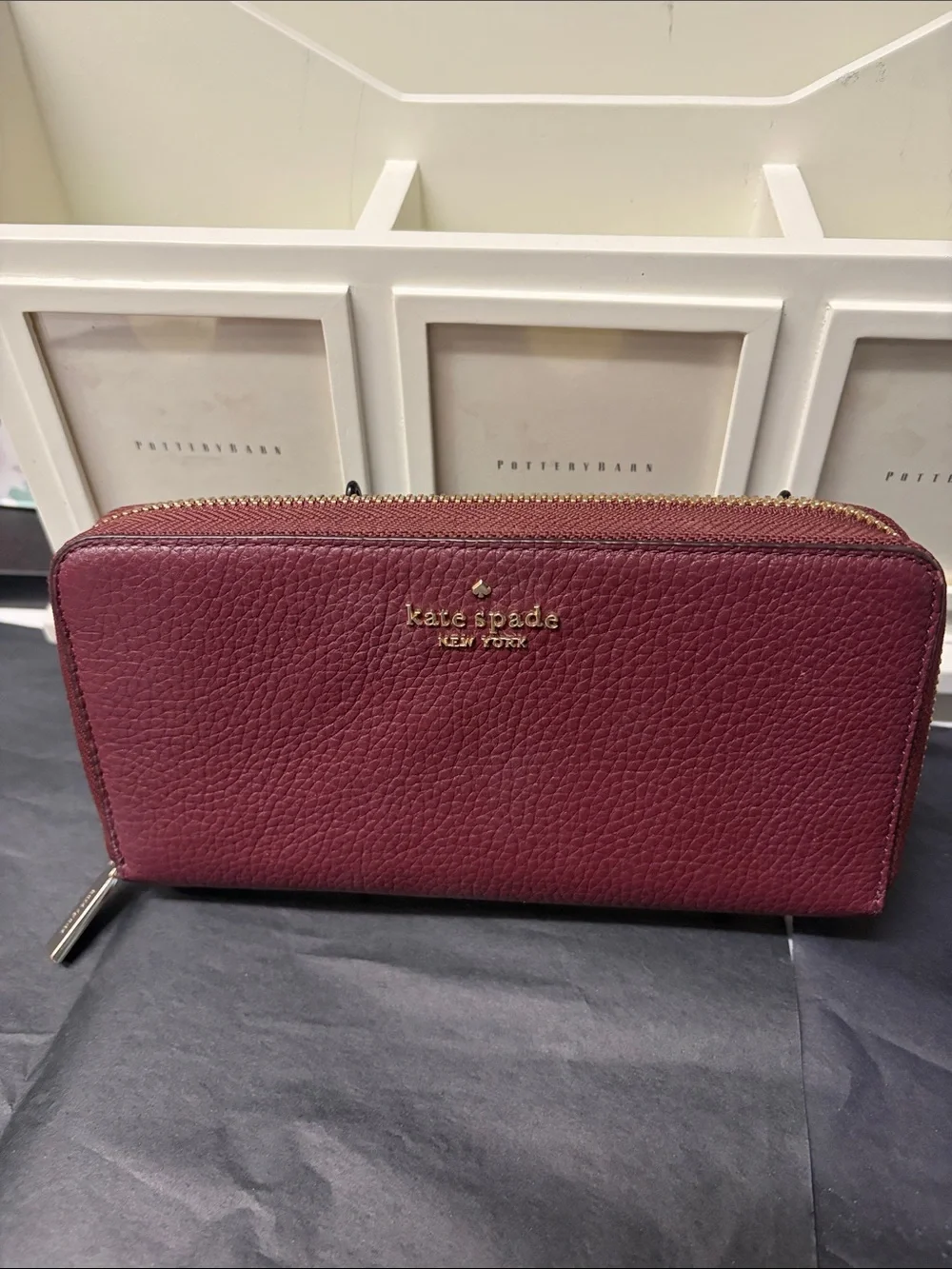 kate spade Burgundy Pebbled Leather Zip Wallet with Gold Logo - Picture 1 of 3